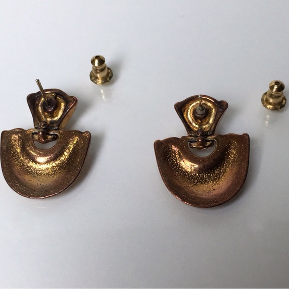 Vintage Bronze Copper Modernist Door Knocker Earrings 3/4” X 1” - Picture 4 of 7